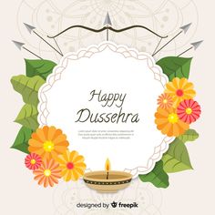 happy dussera with flowers and candles