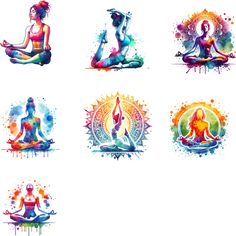 watercolor yoga icons set with woman doing yoga poses in lotus position and chakras