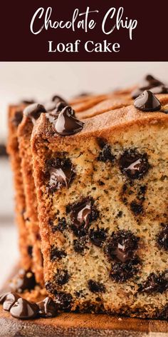 a loaf of chocolate chip loaf cake on top of a wooden cutting board with the title above it