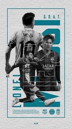 the poster shows two soccer players in black and white, one with blue numbers on it