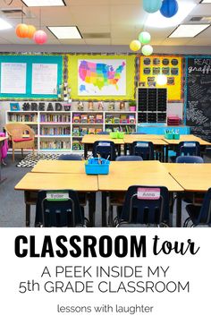 classroom tour poster for 5th grade class with colorful lights and bookshelves in the background