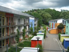 an aerial view of several multi - colored buildings