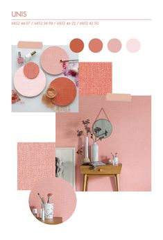 an image of a room with pink and orange colors on the walls, furniture and decor