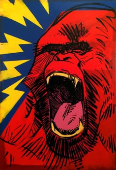 a painting of a gorilla with its mouth open and lightning coming out of it's teeth