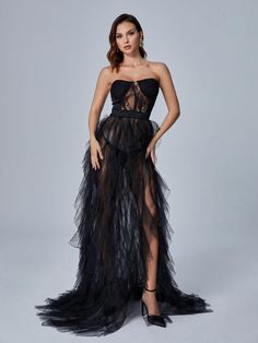 Dorothy Tulle Maxi Dress In Black - Mew Mews Fashion Tulle Ballgown, Tiered Tulle Skirt, Tulle Maxi Dress, Strapless Evening Dress, A Line Evening Dress, Formal Dresses For Weddings, Pink Tulle, Feather Dress, Best Wedding Dresses