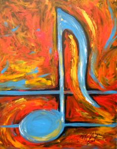 an abstract painting with music notes painted on the side and orange, yellow, blue, and red colors