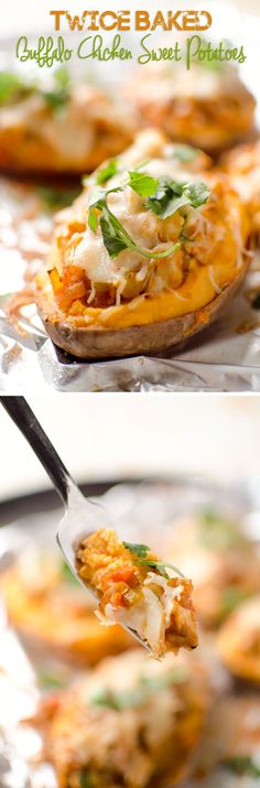 two pictures of baked sweet potatoes with cheese and herbs on them, one has a fork in it