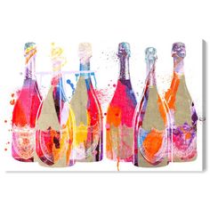 an art print with different colored wine bottles on the front and bottom, framed in wood frame