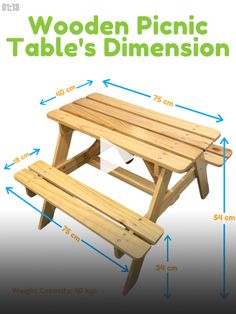 the wooden picnic table is shown with measurements