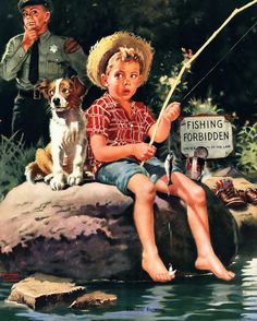 a painting of a boy fishing with his dog