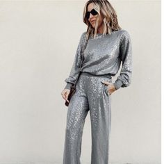 Product Detail * Ribbed Stretch Waistband * Allover Sequins; Hand Pockets * Wide Leg * Rayon/Spandex * Sequin Wide Leg Pants, Holiday Loungewear, Shabby Chic Clothes, Matching Sweaters, Wide Trousers, Stylish Dress Designs, Casual Chic Outfit, Wide Leg Pant, Todays Outfit