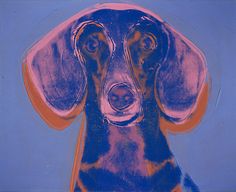 a painting of a dachshund dog with an orange collar