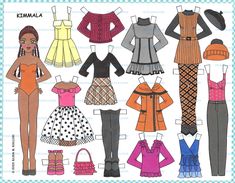 the paper doll is wearing different clothes and shoes, including dresses, boots, and purses