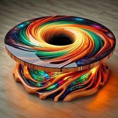 an artistic table made out of wood with colorful swirls on the top and bottom