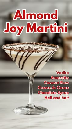 the cover of almond joy martini, with chocolate drizzled on it's rim