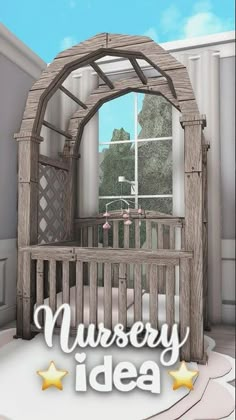 a wooden baby crib with the words nursery idea written on it in front of a window