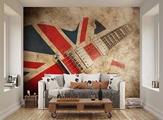 a living room with an union jack guitar mural on the wall and wooden flooring