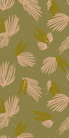 a green background with pink and yellow leaves on the bottom right hand corner is an image of palm fronds