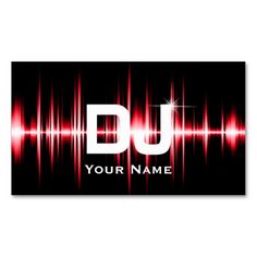 a business card with the word dj on it and sound waves in red, black and white