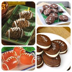 a collage of pictures including cookies, footballs and pretzels on plates