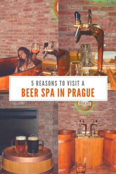 a woman sitting in a bath tub next to a fire place with beer glasses on it