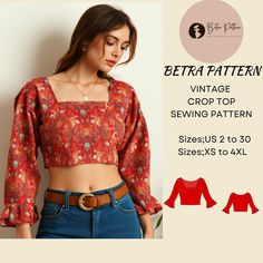 a woman wearing a crop top and jeans with the text betra pattern vintage crop top sewing pattern sizes s to 4xl