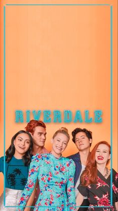 the cast of riverdale standing together in front of an orange wall with blue frame