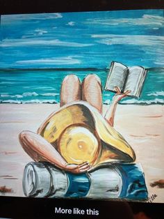 a painting of a person laying on the beach with a book in their lap reading