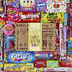 many different types of candy on display together