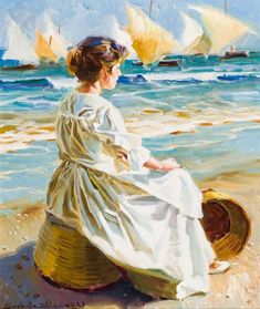 a painting of a woman sitting on top of a beach next to the ocean with sailboats in the background