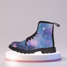 Starry Night sky Boots. INFO - 30.69 oz. Nylon-canvas - Shoes are produced in China - 6.5 - 11 US sizes - Rubber sole - With rear pull-loop - Please use the metric system for a more precise size guide - 100% Nylon Canvas - Soft foam insole - Metal grommets - Depending on what device you are viewing listing color may vary slightly. - Mockups might not be 100% accurate  SIZES - 6.5 - 11 US sizes  PROCESSING TIMES - Standard processing times is between 2 to 7 business days  SHIPPING  - Shoes are shipped in a cardboard box covered with a plastic bag.  WASHING INFO  - To maintain clean, use warm water with dish soap to clean off any dirt spots. It's not necessary to soak the whole item. For hard-to-clean spots, use a soft-bristled brush. Pastel Boots, Shoes Combat Boots, Stars Shoes, Pastel Stars, Kids Candles, Candle Bags, Metric System, Starry Night Sky, Star Shoes