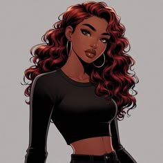 an illustration of a woman with red hair and black top, standing in front of a gray background