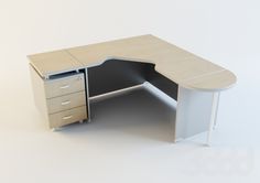 an office desk with two drawers and a file cabinet on the left side, in front of a white background