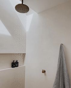 a shower head with rain coming out of it next to a bathtub and towel rack