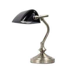 a black and silver desk lamp on a white background