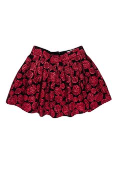 Make a bold statement this Valentine's Day with this Alice & Olivia flared skirt! Featuring a playful black and red rose print, the pleated waist adds a touch of elegance to this flirty piece. Perfectly pairs with a black top for a stunning fall floral ensemble. Size 6 Shell 32% Nylon, 23% Acrylic, 20% Polyester, 16% Acetate, 9% Wool Lining 98% Polyester, 2% Spandex Exposed back zipper Pleated waist Flared Skirt Waist 32" Length 16.5" Red A-line Party Bottoms, Red A-line Bottoms For Party, Red Floral Print Party Bottoms, Party Red Floral Print Bottoms, Red Floral Print Skirt For Fall, Red Pleated Evening Skirt, Red Pleated Skirt For Evening, Floral Print Flared Skirt For Party, Floral Print Skirted Bottoms For Party