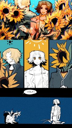 an anime scene with sunflowers and two people