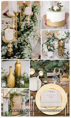 a collage of photos with candles, flowers and greenery in golds or greens