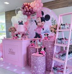 a minnie mouse themed birthday party with balloons and decorations