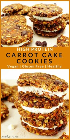 carrot cake cookies stacked on top of each other with the words high protein carrot cake cookies