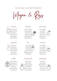 the welcome card for morgan and ross's wedding