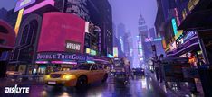 a yellow taxi cab driving down a street next to tall buildings in the city at night