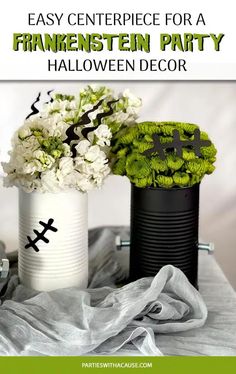 an easy centerpiece for a halloween party with white flowers in black and green vases