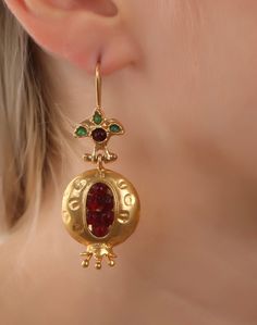 Handmade earrigns made out bronze ,plated by 18K-24K gold,Oxidized to have a unique historical The needle part is made out silver to avoid allergy. Ottoman earring pomegranate is very beautiful, it has a meaning of health and abundance, it is a museum earring. Antique Jeweled Earrings For Gift, Traditional Jewel Earrings For Gift, Traditional Jeweled Earrings As Gift, Traditional Jeweled Earrings For Gifting, Traditional Jeweled Earrings For Gifts, Red Byzantine Jewelry As Gift, Red Byzantine Style Jewelry Gift, Ottoman Jewelry, Byzantine Style Gemstone Earrings Gift