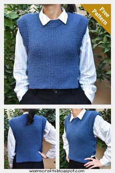 a woman wearing a blue knitted sweater with buttons on the front and back, in three different views