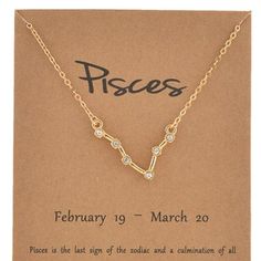 the zodiac sign necklace is displayed on a card with an inscription that reads piscs