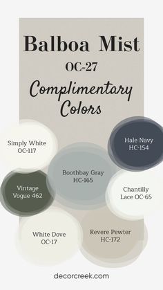 Balboa Mist by Benjamin Moore is a soft, versatile gray that pairs well with various complementary colors. Hale Navy and Vintage Vogue add bold, rich accents, while Revere Pewter and Boothbay Gray provide subtle depth and balance. Simply White, Chantilly Lace, and White Dove offer bright, clean contrasts, ideal for trim or cabinetry. This palette creates a calm, sophisticated look that blends modern and classic styles, making it a great choice for any room. Revere Pewter Coordinating Colors, Boothbay Gray, Benjamin Moore Balboa Mist, Interior Paint Colors For Living Room, Balboa Mist, Light Grey Paint Colors, Paint Themes, Blue Gray Paint, Light Gray Paint