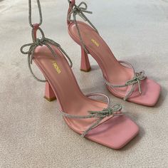 Brand New, Never Worn, Perfect Condition Rhinestone Bow, Pink Heels, Shoes Women Heels, Pink Ladies, Shoes Heels, Lace Up, Women Shoes, Brand New, Heels