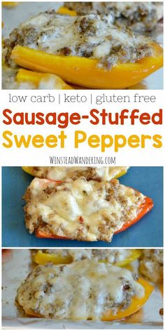 sausage stuffed sweet peppers with cheese on top and in the background, there is an image of