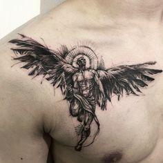 a man with an angel tattoo on his chest